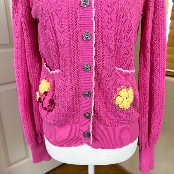 LoveShackFancy Pink Knit Flower Appliqué Pocket Cardigan Sweater. ⭐️Rare.⭐️ - Picture 2 of 13
